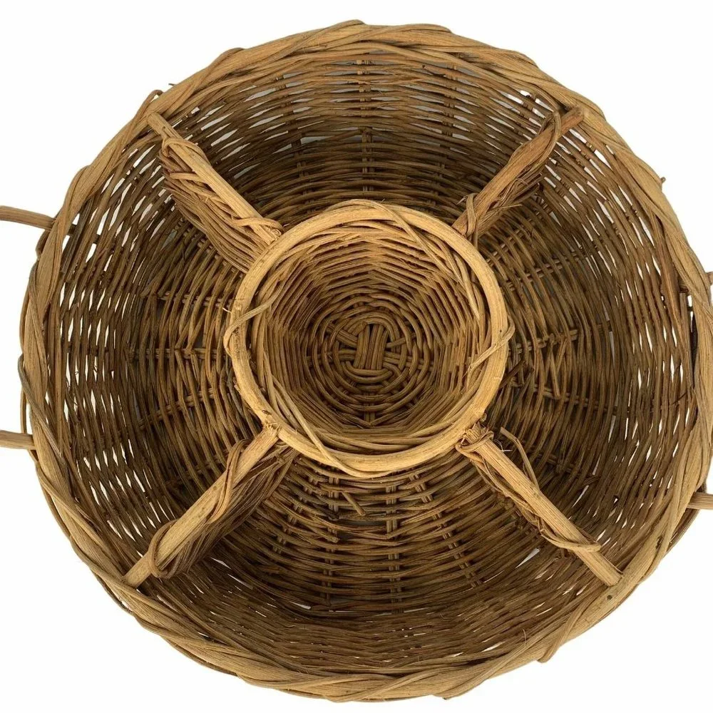 Large Round Sectioned Wicker Serving Basket Divided Ceramic Handles Organization
